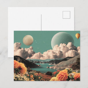 Carte Postale Paysage montagneux surréaliste avec planètes et nu