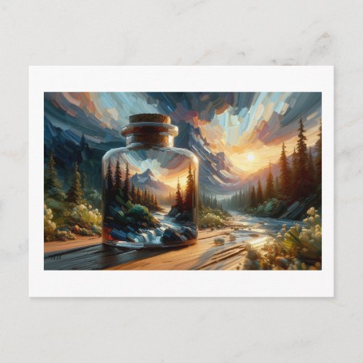 Carte Postale Paysage reflété dans un pot en verre, (Devant)