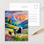 Carte Postale Paysage rural dynamique avec vaches<br><div class="desc">Une peinture impressionniste moderne et chaleureuse d'une vache-mère et de son veau dans un paisible pâturage rural de montagne, a donné vie avec des couleurs vives et vives et d'épais coups de pinceau abstraits. Les traits dynamiques capturent le lien paisible entre les animaux, tandis que les riches teintes de vert,...</div>