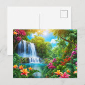 Carte Postale Paysage tropical avec fleurs, cascade (Devant / Derrière)