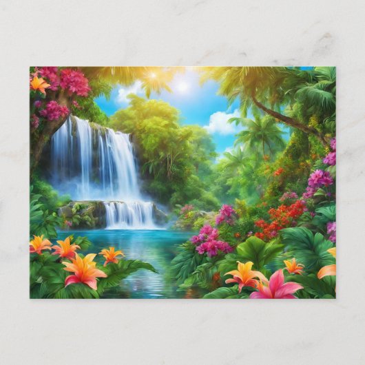 Carte Postale Paysage tropical avec fleurs, cascade (Devant)