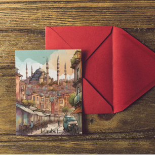 Carte Postale Paysage urbain coloré à l'aquarelle d'Istanbul