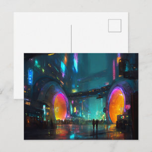 Carte Postale Paysage urbain cyberpunk vibrant avec des arches