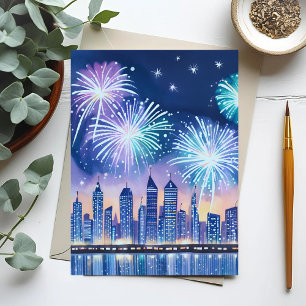 Carte Postale Paysage urbain de feu d'artifice Aquarelle numér