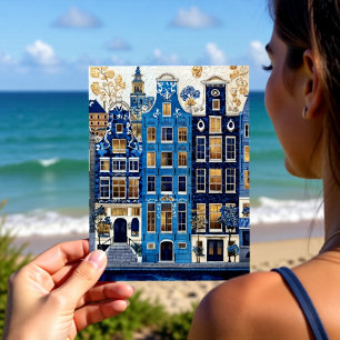 Carte Postale Paysage urbain doré bleu de Delft