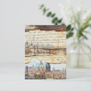Carte Postale Paysage urbain européen vintage avec lettre manusc