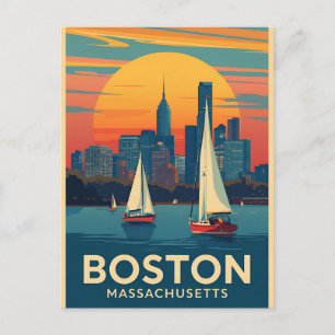 Carte Postale Paysage urbain rétro de Boston avec voiliers Mas