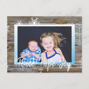 Carte Postale Peace Hope Joy Photo de famille Rustic Wood Snowfl