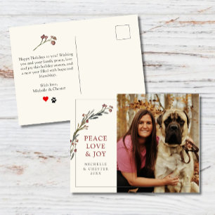 Carte Postale Peace Love and Joy Red Greenery Photo pour animaux