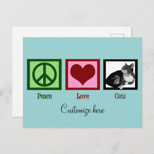Carte Postale Peace Love Chats Cute Custom Turquoise (Devant / Derrière)