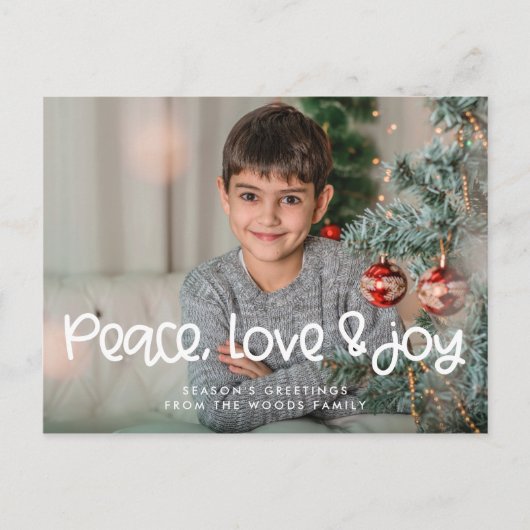 Carte Postale Peace Love Joy Modern Cute script photo de Noël (Devant)
