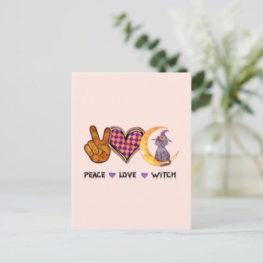 Carte Postale Peace Love Witch - Halloween Design (Debout devant)