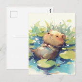 Carte Postale Peaceful Capybara Floating in Water Lily Pond (Devant / Derrière)