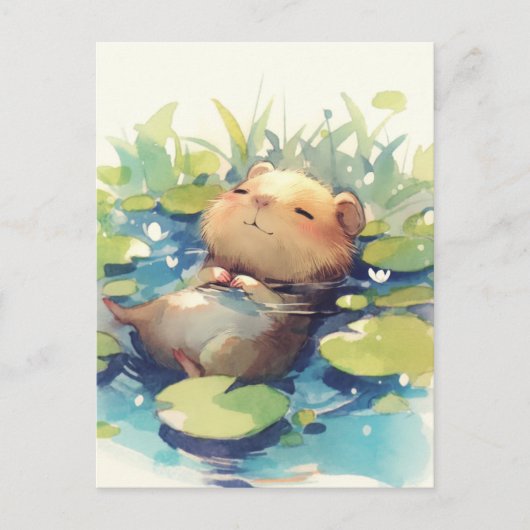 Carte Postale Peaceful Capybara Floating in Water Lily Pond (Devant)