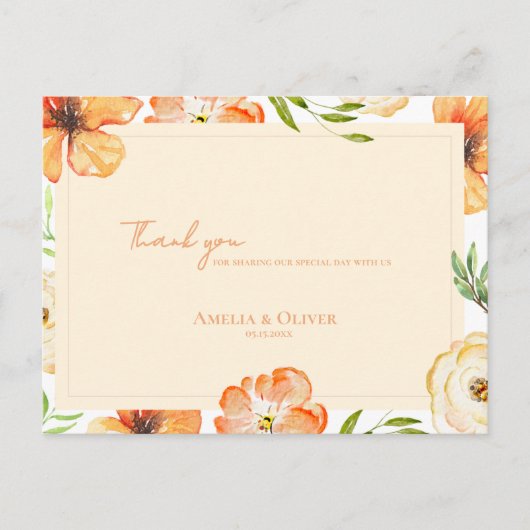 Carte Postale Peach Florals Romantic Garden Wedding Thank You (Devant)