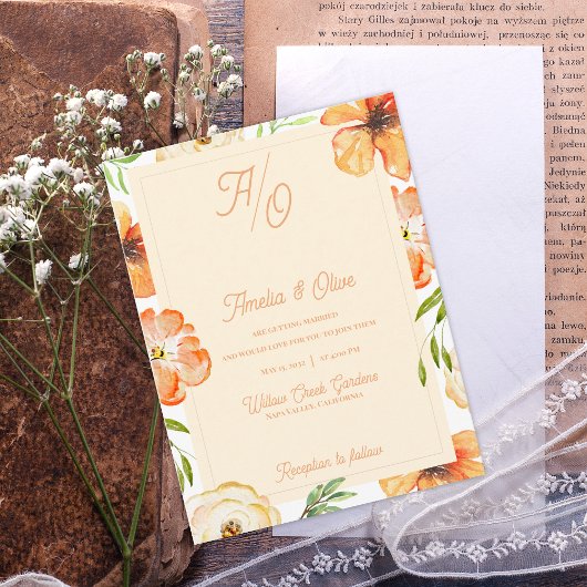 Carte Postale Peach Garden Meadow Floral Monogram Wedding Invite