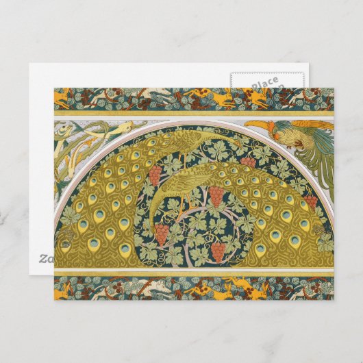 Carte Postale Peacock Art Nouveau Style rond design complexe (Devant / Derrière)