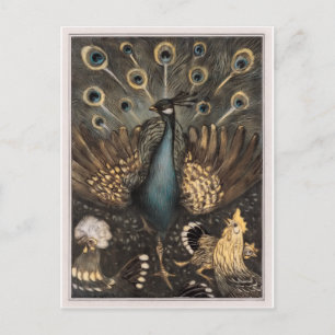 Carte Postale Peacock avec poulets (1878-1910) Theo van Hoytem