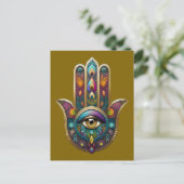 Carte Postale Peacock Colors Hamsa w/ Gold Third Eye (Debout devant)