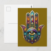 Carte Postale Peacock Colors Hamsa w/ Gold Third Eye (Devant / Derrière)
