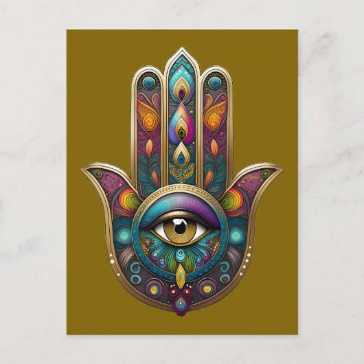 Carte Postale Peacock Colors Hamsa w/ Gold Third Eye (Devant)