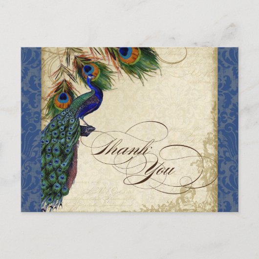 Carte Postale Peacock & Feather Forme Merci Note Bleu Marine (Devant)