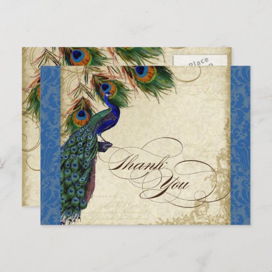 Carte Postale Peacock & Feather Formellement Merci Note Bleu Roy (Devant / Derrière)