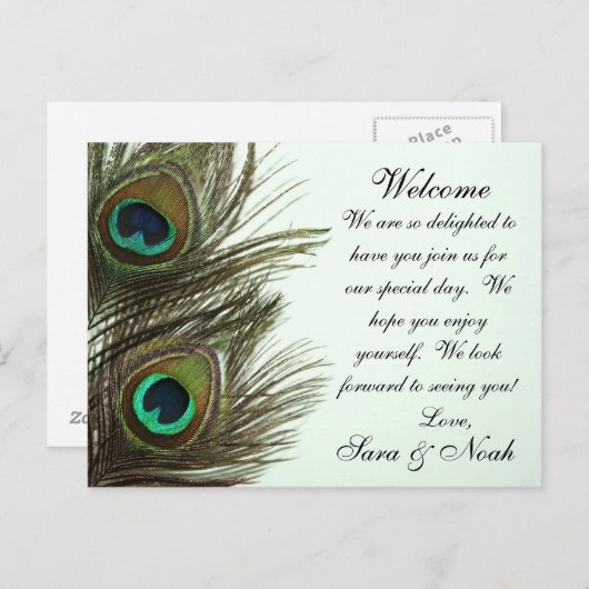 Carte Postale Peacock Feather Wedding Welcome Bag Note (Devant / Derrière)
