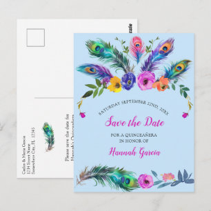 Carte Postale Peacock Feathers & Fleurs Quinceañera Baby Blue