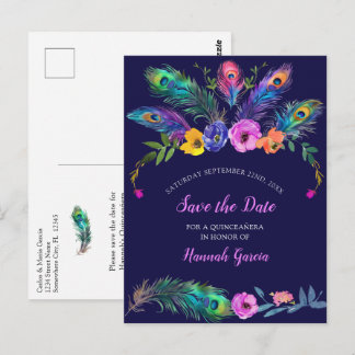 Carte Postale Peacock Feathers & Flowers Quinceañera Date de sau