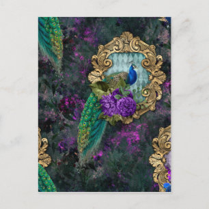 Carte Postale Peacock, Fleurs et Gold Frame