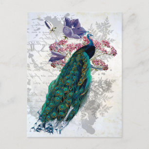 Carte Postale Peacock Fleurs violettes Vintage Ephémère Élégant 