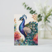 Carte Postale Peacock Floral Aquarelle Art (Debout devant)