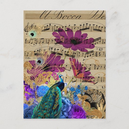 Carte Postale Peacock, Sheet Music et Flowers (Devant)
