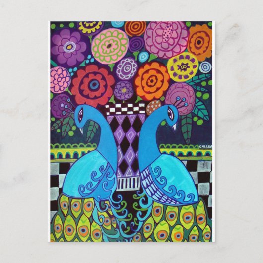 Carte Postale Peacocks avec Fleurs Art par heather Galler (Devant)