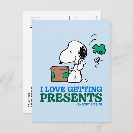 Carte Postale Peanuts | Snoopy J'adore Recevoir des Cadeaux (Devant / Derrière)
