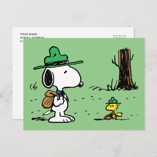Carte Postale Peanuts | Snoopy & Woodstock en camping (Devant / Derrière)