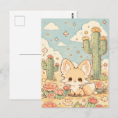 Carte Postale Pêche Désert Fleur Kawaii Renard Fennec (Devant / Derrière)