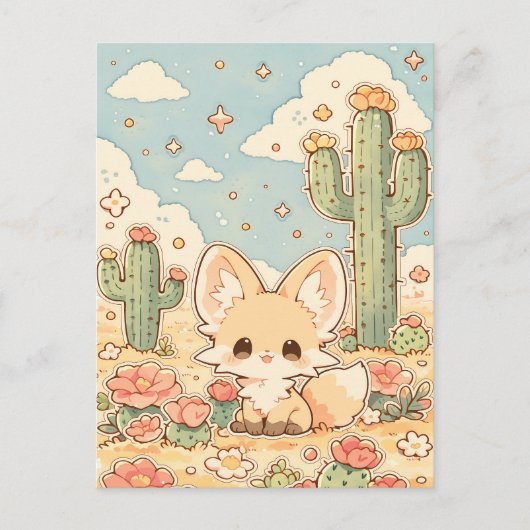 Carte Postale Pêche Désert Fleur Kawaii Renard Fennec (Devant)
