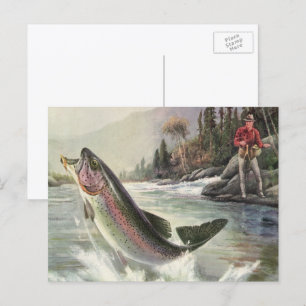 Carte Postale Pêche Vintage à la truite arc-en-ciel