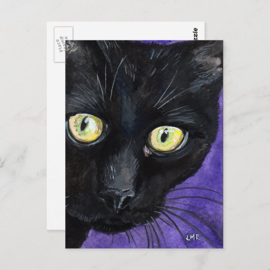Carte Postale Peekaboo | Image d'aquarelle de chat noir (Devant / Derrière)