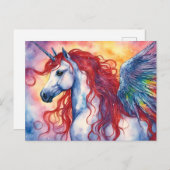 Carte Postale Pégase Unicorne avec Mane Rouge (Devant / Derrière)
