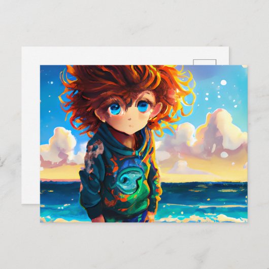 Carte Postale Peinture à l'huile d'un garçon d'Anime aux cheveux (Devant / Derrière)