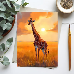Carte Postale Peinture Animale Safari Coucher de Soleil Girafe