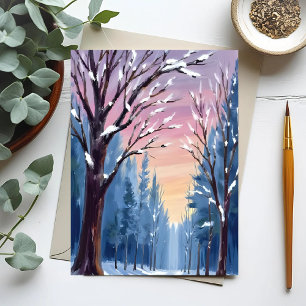 Carte Postale Peinture aquarelle de la forêt hivernale sous la n