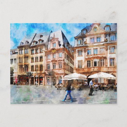 Carte Postale Peinture aquarelle de la place du marché à Mayence (Devant)
