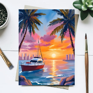 Carte Postale Peinture aquarelle du coucher de soleil à Miami Be