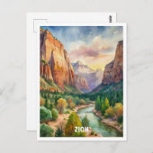 Carte Postale Peinture aquarelle du parc national de Zion  (Devant / Derrière)