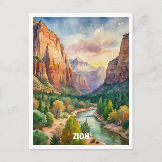 Carte Postale Peinture aquarelle du parc national de Zion  (Devant)