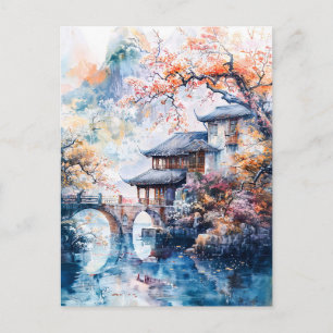Carte Postale Peinture aquarelle du temple de Chine et de l'eau